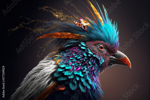 Feathery colorful bird. Generative AI illustration