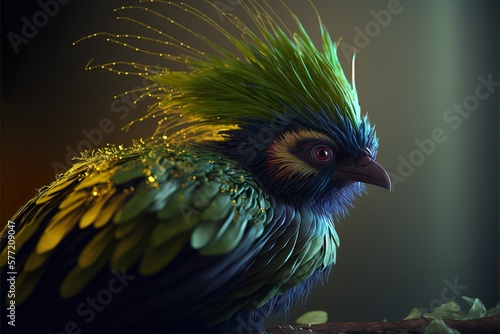 Feathery colorful bird. Generative AI illustration