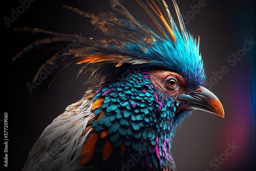 Feathery colorful bird. Generative AI illustration
