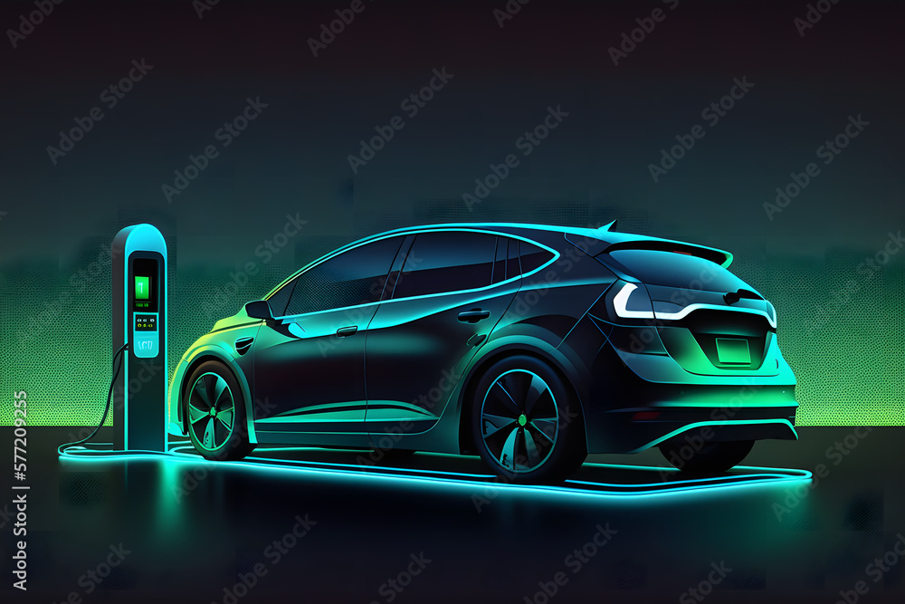 Electric car near charging station created with generative AI