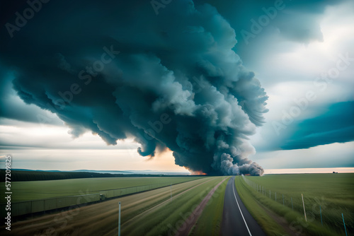A landscape with a tornado and clouds in a field with an asphalt road running through it. Generative AI. © Sergiy