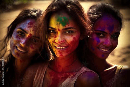 Group of Indian friends full of colors for Holi Festival. Generative AI