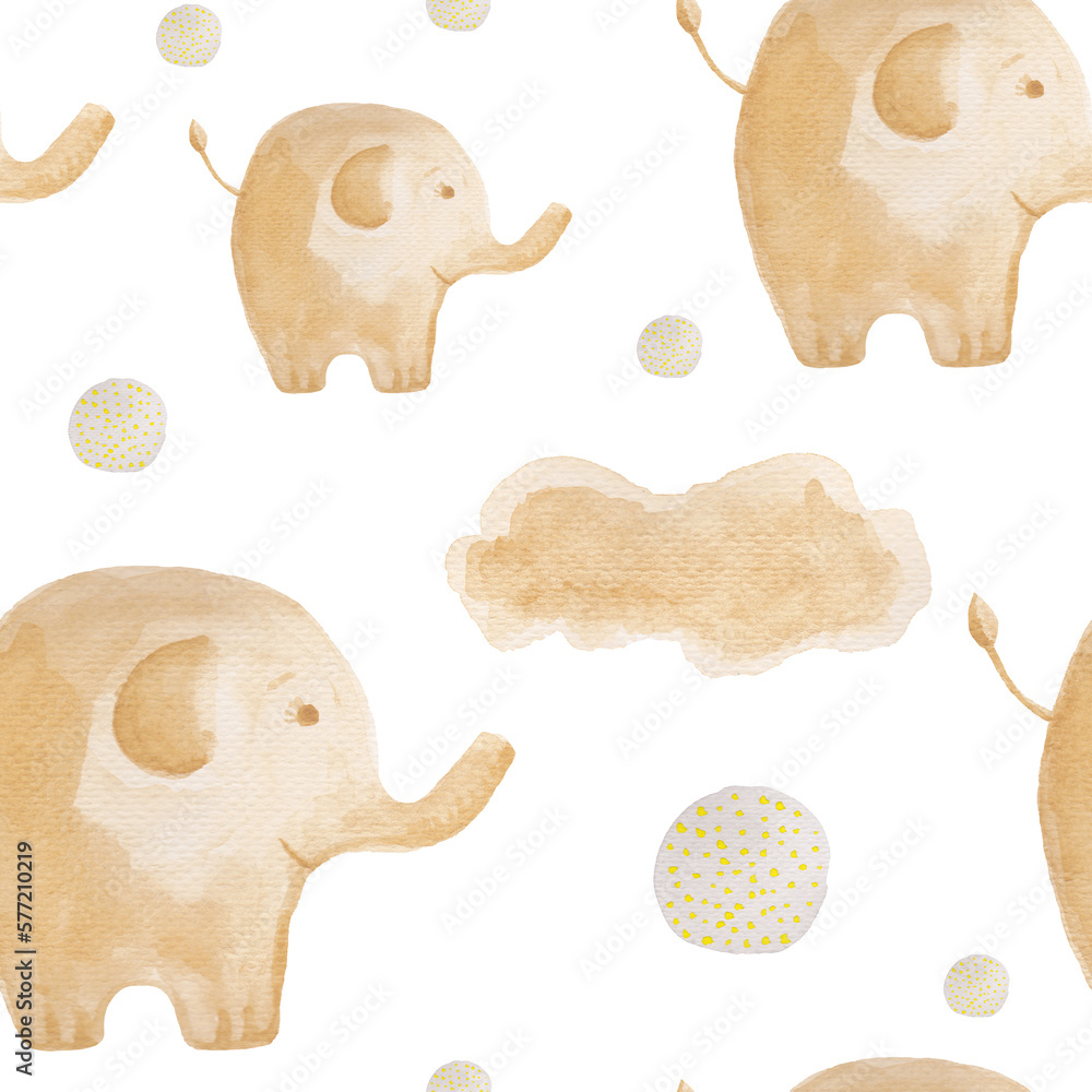 Beige pattern with hand-drawn watercolor elephants and clouds