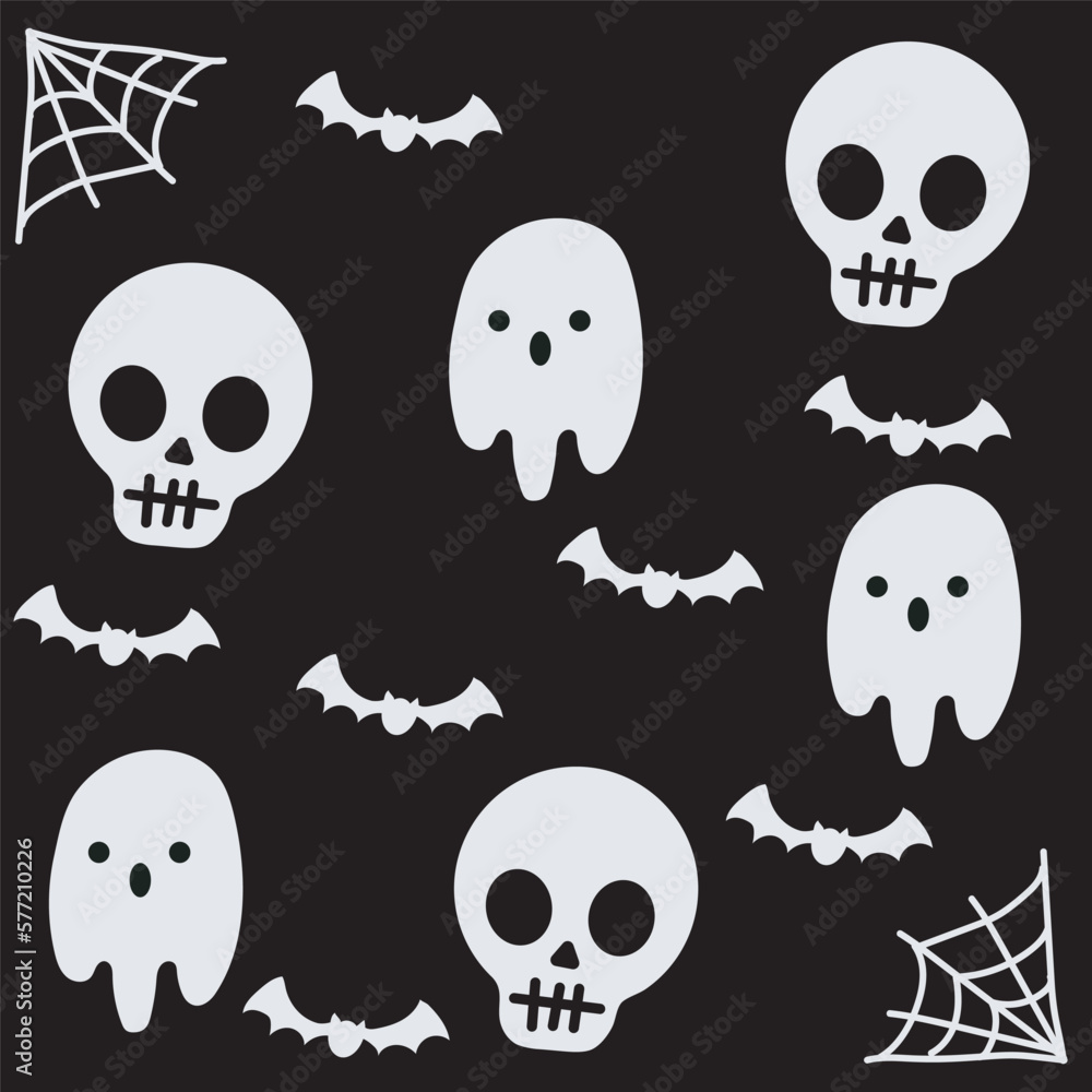 Fondo espeluznante de día de muertos. Patrón de Calavera con fantasmas, murciélagos y telarañas. Colección plana de elementos de halloween en una noche oscura Fondo espeluznante de día de muertos. Patrón de Calavera con fantasmas, murciélagos y telarañas. Colección plana de elementos de halloween en una noche oscura