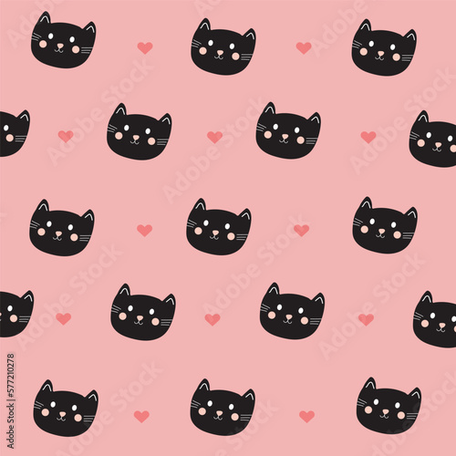 Patrón sin fisuras con lindos gatitos negros sobre fondo rosa. Textura infantil creativa. Genial para tela, ilustración vectorial textil