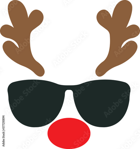 Rudolph reindeer nose and antlers silhouette with glasses. Christmas time.