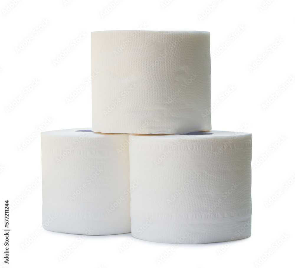 three rolls of white tissue paper or napkin in stack prepared for use in toilet or restroom isolated on white background with clipping path three rolls of white tissue paper or napkin in stack prepared for use in toilet or restroom isolated on white background with clipping path