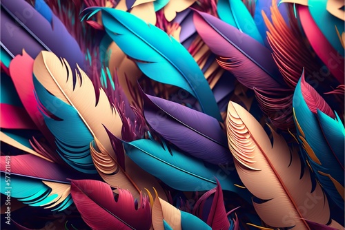 Abstract colorful feathers background. Generative AI illustration