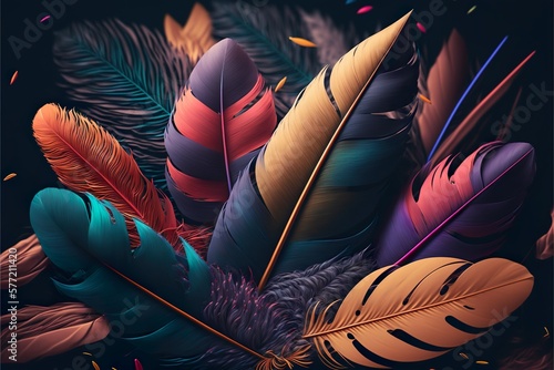 Abstract colorful feathers background. Generative AI illustration