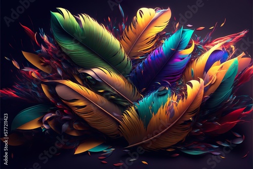 Abstract colorful feathers background. Generative AI illustration
