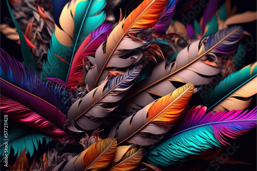 Abstract colorful feathers background. Generative AI illustration