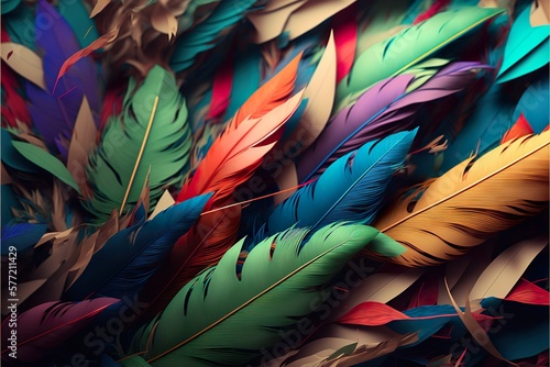 Abstract colorful feathers background. Generative AI illustration