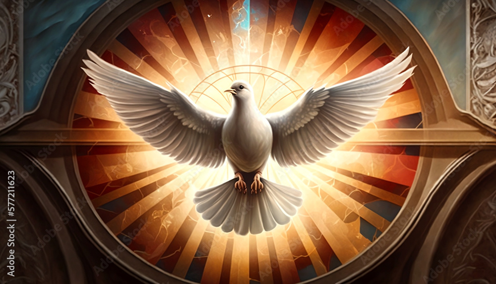 The outpouring of the Holy Spirit and the dawn of golden light: symbols of Easter, the Eucharist and the dove. Generative AI. - obrazy, fototapety, plakaty 