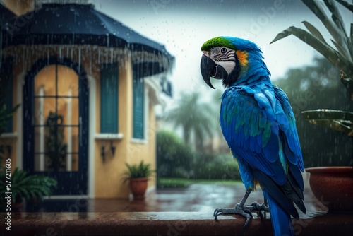 Macaw in a tropical background. Generative AI illustration