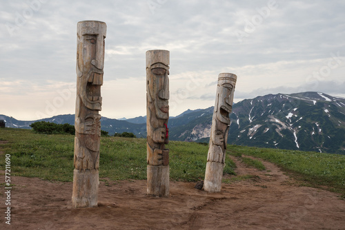 Wooden cult images on a mountain pass. Gamuls (Gamuly) are traditional cult images of the mountain spirits of the Kamchadals. Travel and tourism on the Kamchatka Peninsula. Kamchatka Territory, Russia photo