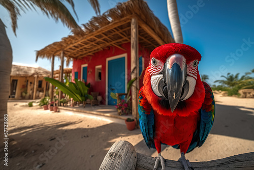 Red macaw facing the camera. Generative AI illustration