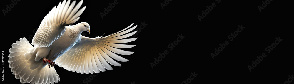 Obraz premium White dove with open wings on a black background...The dawn of purity...Wings of Liberty...Generative AI.