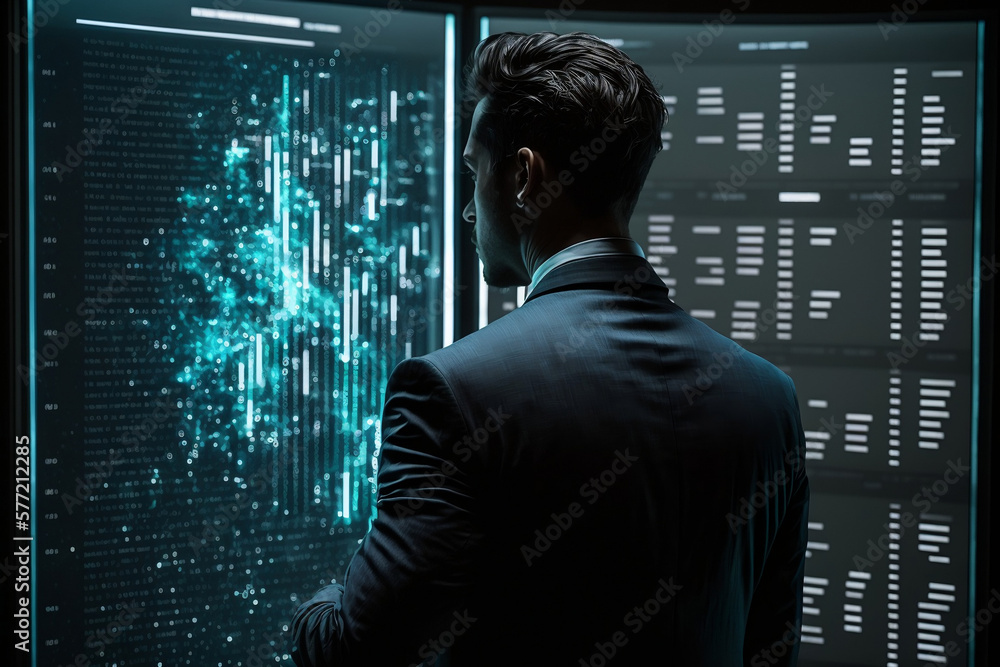businessman looking at screen with data and making decision generated IA businessman looking at screen with data and making decision generated IA