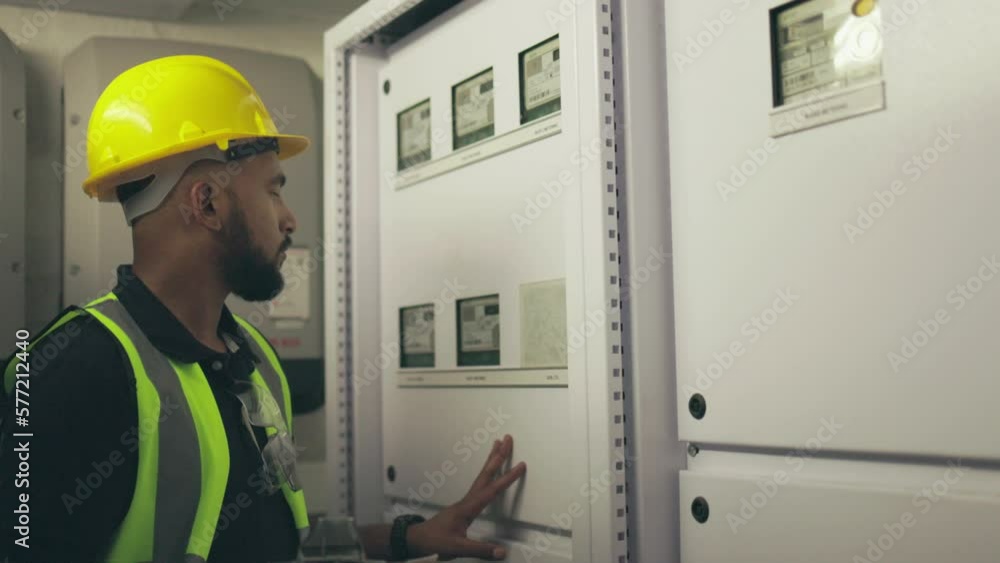 Man, engineering and technician at control room, machine maintenance and industrial inspection with clipboard. Power box, electrician and black male working on mechanic board, generator and ac repair Man, engineering and technician at control room, machine maintenance and industrial inspection with clipboard. Power box, electrician and black male working on mechanic board, generator and ac repair