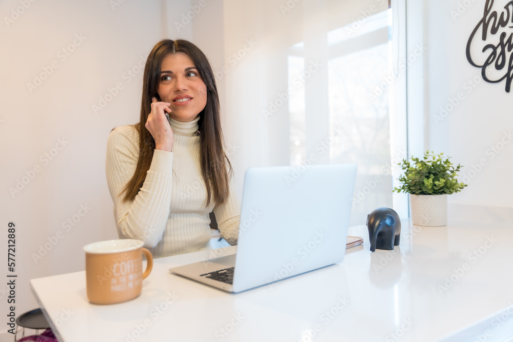 Businesswoman working with a computer talking on the phone, business, home office, telecommuting Businesswoman working with a computer talking on the phone, business, home office, telecommuting