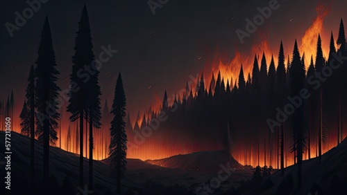 Wildfire catastrophe illustration. The forest is on fire. © Korney
