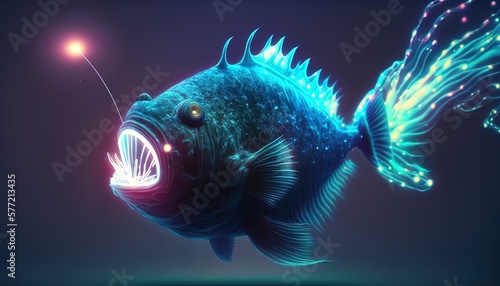Anglerfish or Frogfish, deep sea monster neon glowing, phantasmal iridescent, psychic waves created with generative ai technology photo