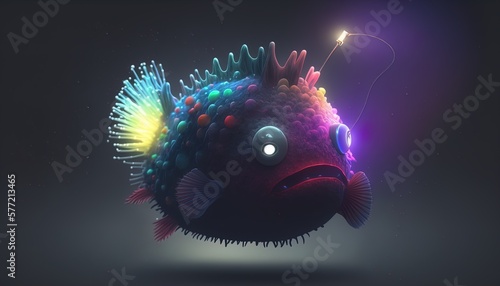 Anglerfish or Frogfish, deep sea monster neon glowing, phantasmal iridescent, psychic waves created with generative ai technology
