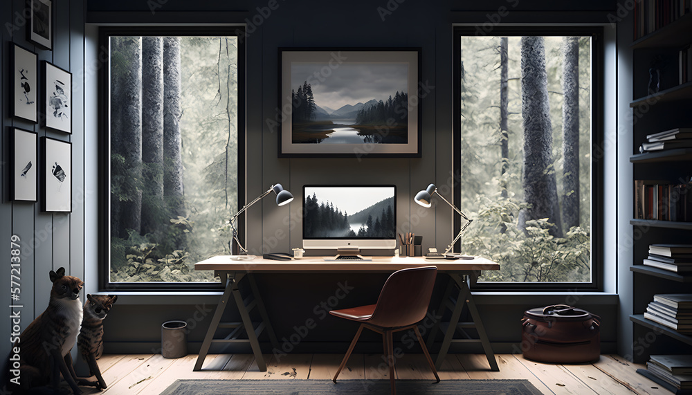 Fototapeta premium Forest Haven: A Minimalist Home Office in Nature, AI Generative