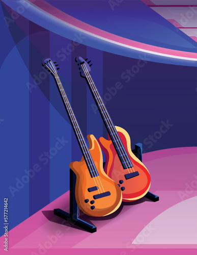 Musical instruments in recording studio. Electric and acoustic guitars in professional music workspace. Recording songs and extracting sounds with string instruments. Cartoon flat vector illustration