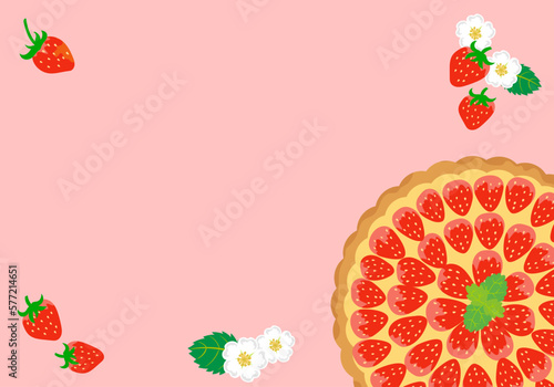 真上から見たストロベリータルトと苺の花の背景素材