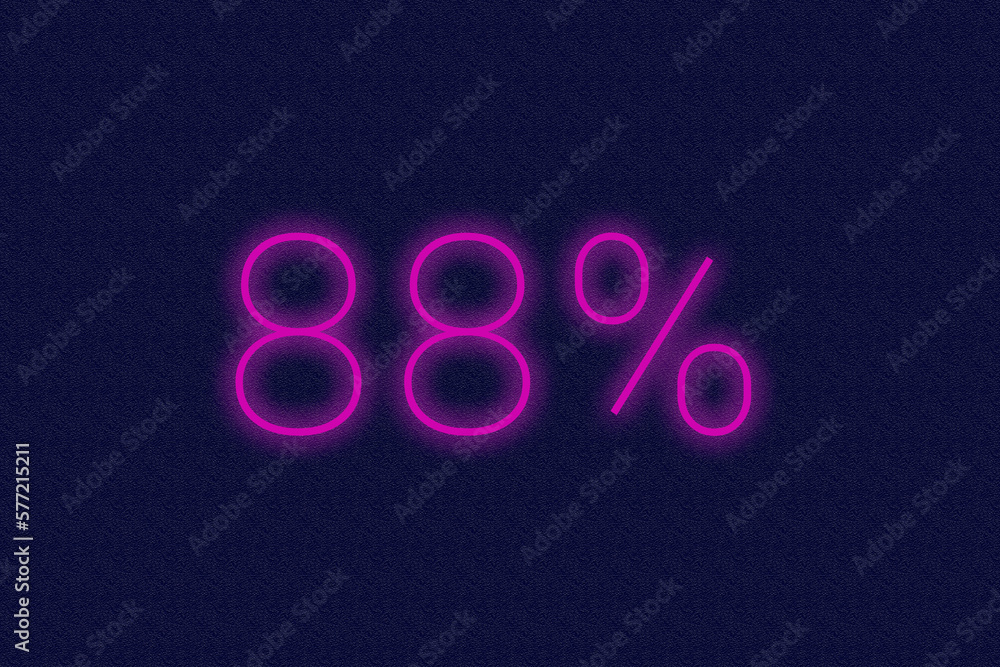 88% percent logo. eighty-eight percent neon sign. Number eighty-eight on dark purple background. 2d image 88% percent logo. eighty-eight percent neon sign. Number eighty-eight on dark purple background. 2d image
