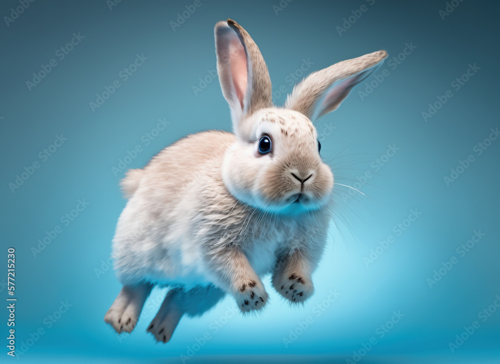 bunny jumping on blue background IA bunny jumping on blue background IA