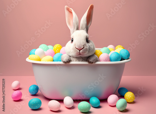 cute happy bunny in a bowl full of colorful easter eggs IA © Paula