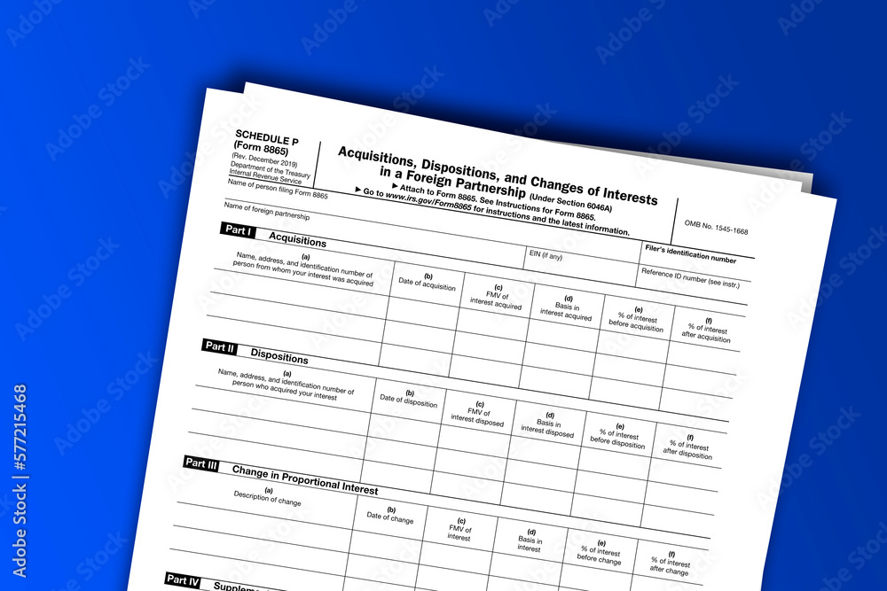 Form 8865 (Schedule P) documentation published IRS USA 05.13.2020. American tax document on colored Form 8865 (Schedule P) documentation published IRS USA 05.13.2020. American tax document on colored