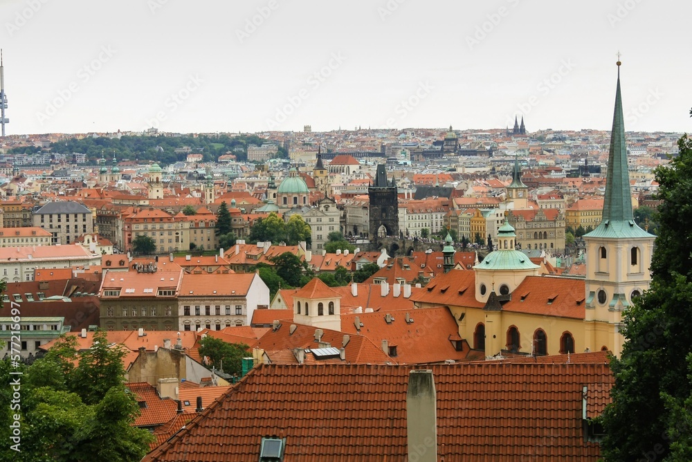 Old Town of Prague. Czech republic. Panoramic view of Prague landscape with red roofs.
