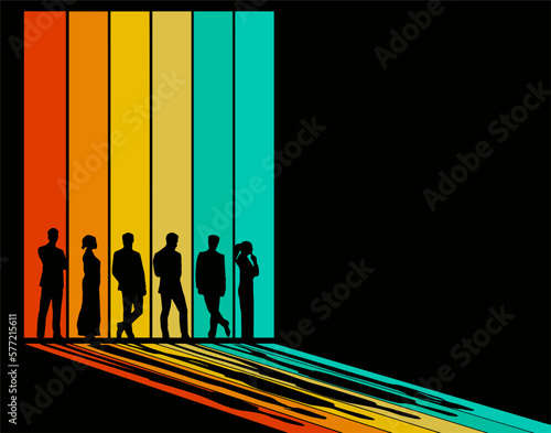 People are silhouetted against stained glass windows that cast shadows in color in this vector illustration with text space.