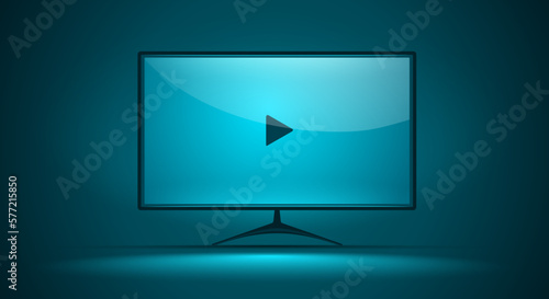 Online movie cinema. Screen of TV set with button for video film. Banner display monitor web watching. Vector illustration