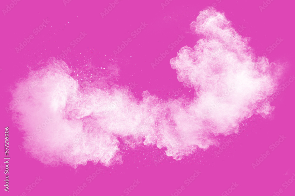 White powder explosion on pink background.White dust particle splashing.