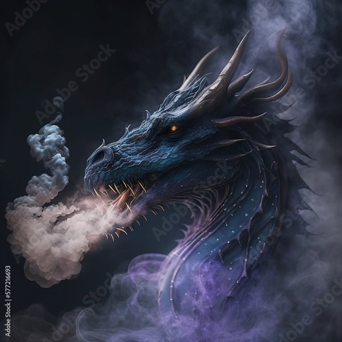 Dragon in smoke. Smoke and Fire. Dragon with smoke on a dark background. Dragon spewing fire. Generative AI. © Ann
