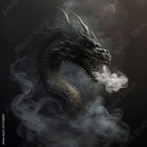 Dragon in smoke. Smoke and Fire. Dragon with smoke on a dark background. Chinese dragon. Dragon spewing fire. Generative AI.