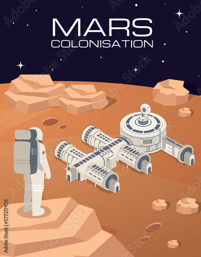 Mars colonization concept. Man with spaceship on planet, exploration and travel, science and adventure. Colonization and expedition. Space, universe and galaxy. Cartoon flat vector illustration