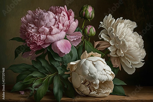 Fototapeta Naklejka Na Ścianę i Meble -  Delicate peony bouquet. Luxurious flowers on dark background. AI