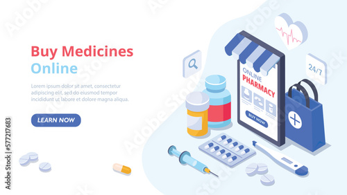 Online pharmacy concept. Pills and syringe near smartphone. Delivery of goods to house. Landing page design element. Health care, prevention and safety. Cartoon isometric vector illustration