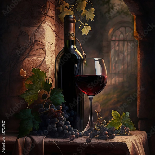 wine bottle and glass, made with generative AI