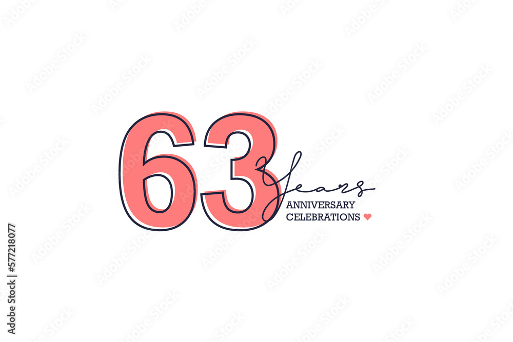 63 years anniversary. Anniversary template design concept with pink color and black line, design for event, invitation card, greeting card, banner, poster, flyer, book cover and print. Vector Eps10 63 years anniversary. Anniversary template design concept with pink color and black line, design for event, invitation card, greeting card, banner, poster, flyer, book cover and print. Vector Eps10