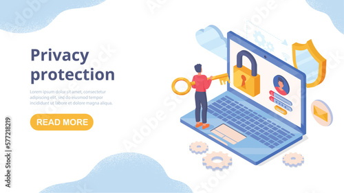 Privacy protection concept. Man with key opens large padlock on laptop. Protection of personal data, antivirus and security on Internet. Landing page design. Cartoon isometric vector illustration