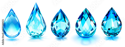 Set of big crystal drops in light blue color with glares and shadows