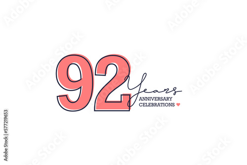 92 years anniversary. Anniversary template design concept with pink color and black line, design for event, invitation card, greeting card, banner, poster, flyer, book cover and print. Vector Eps10