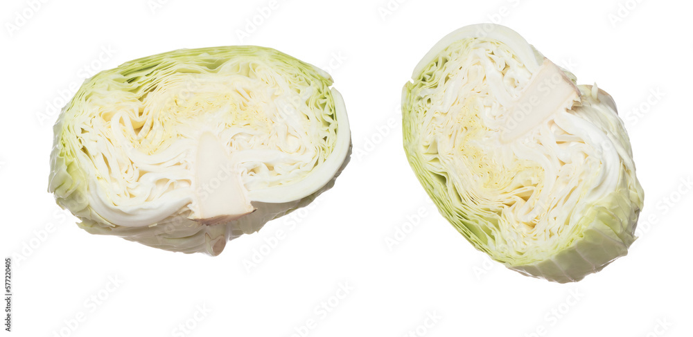 Obraz premium Cabbage fly in mid air, green fresh vegetable cabbage cut chop half head. Organic fresh vegetable with eaten leaf of cabbage falling, close up texture. White background isolated freeze motion