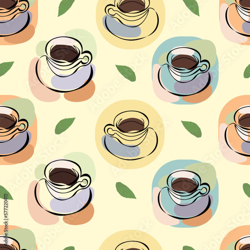 Cups of coffee or tea with green leaves. Seamless pattern. Vector illustration for menus  advertising  printing and textiles. EPS 10.